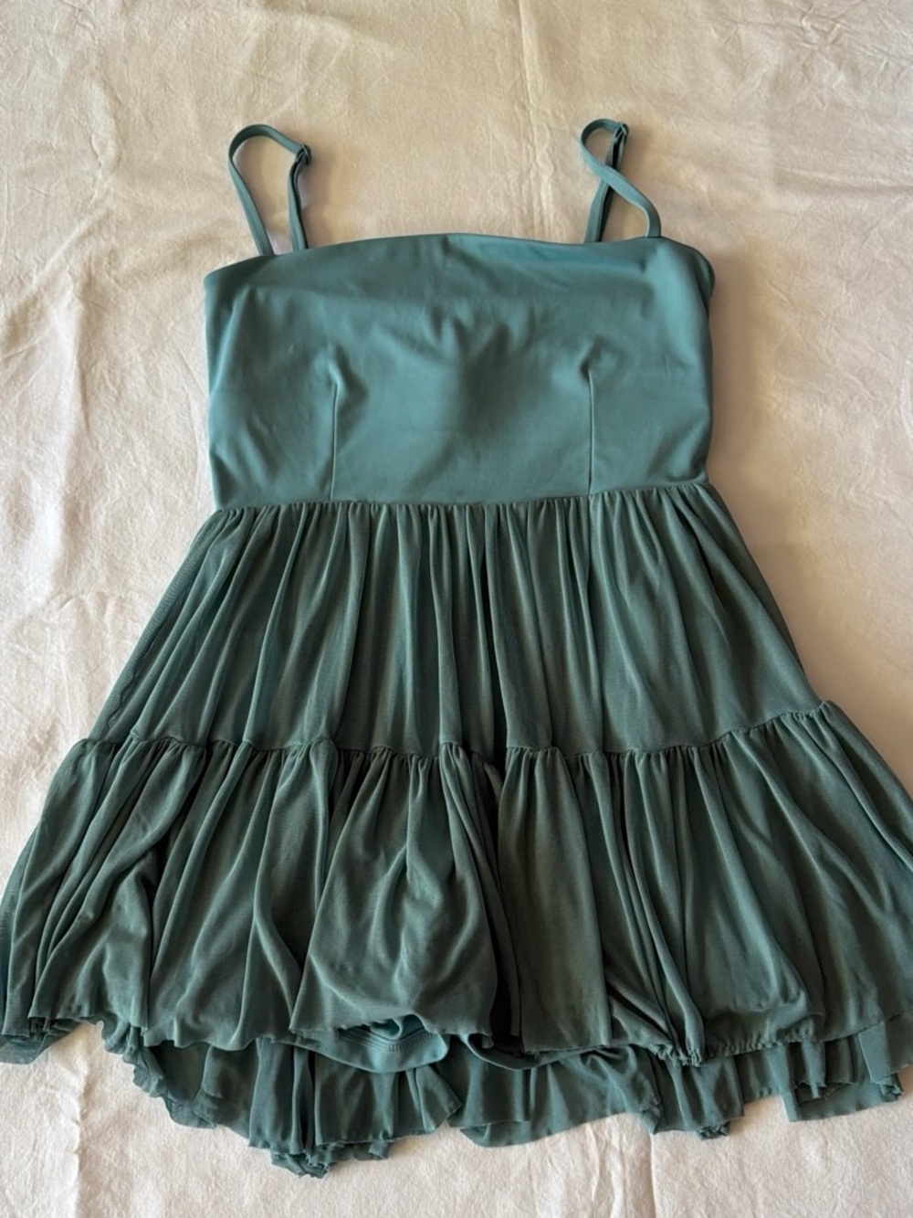Tiered Mini Dress with Adjustable Spaghetti Straps in Teal
